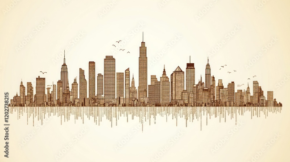 Fototapeta premium Stunning City Skyline Silhouette with Reflections and Flying Birds