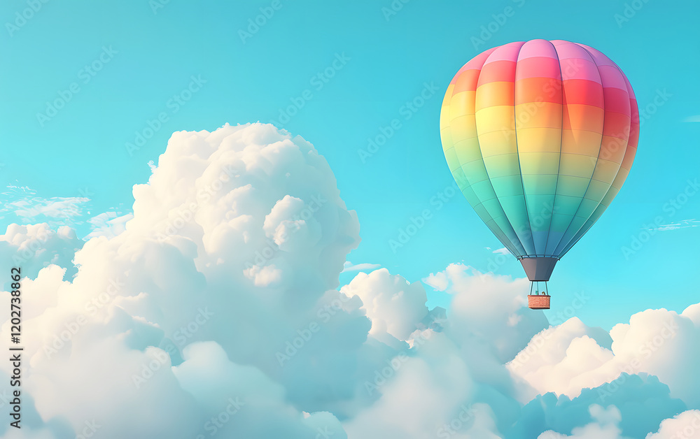 Fototapeta premium Rainbow Hot Air Balloon over Cumulus Clouds