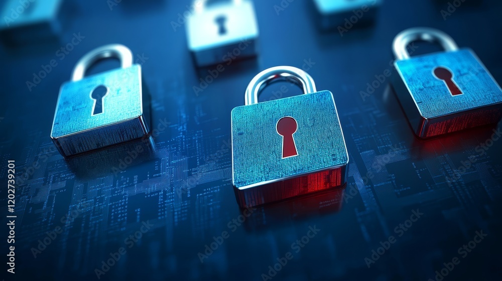 Digital circuit security, padlocks safeguarding sensitive data on a circuit board