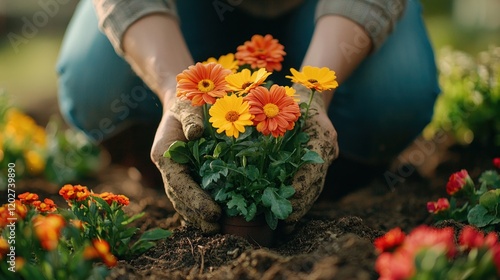 Fototapeta Naklejka Na Ścianę i Meble -  Person Wearing Gloves Holding Colorful Flowers in Garden Soil