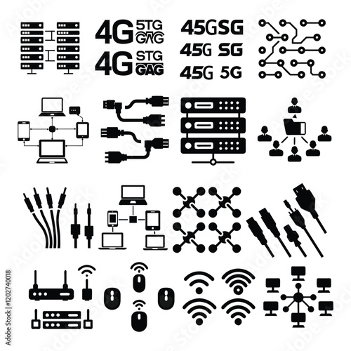 Comprehensive Network Icons Set Featuring 4G, 5G, and Data Connections