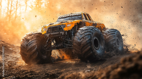 Massive monster truck competes in a rugged dirt track at an outdoor event photo