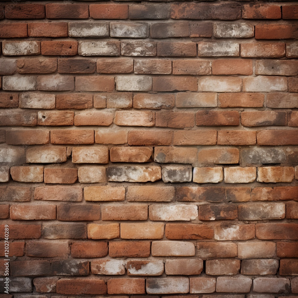Rustic red and brown brick wall with rough surfaces and weathered details. Architectural background for construction and design projects Rustic red and brown brick wall with rough surfaces and weathered details. Architectural background for construction and design projects