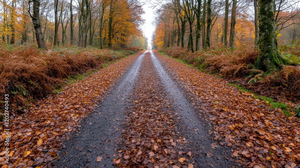 Obraz premium Autumnal road through forest, leaves, fall, nature. Use Travel brochure