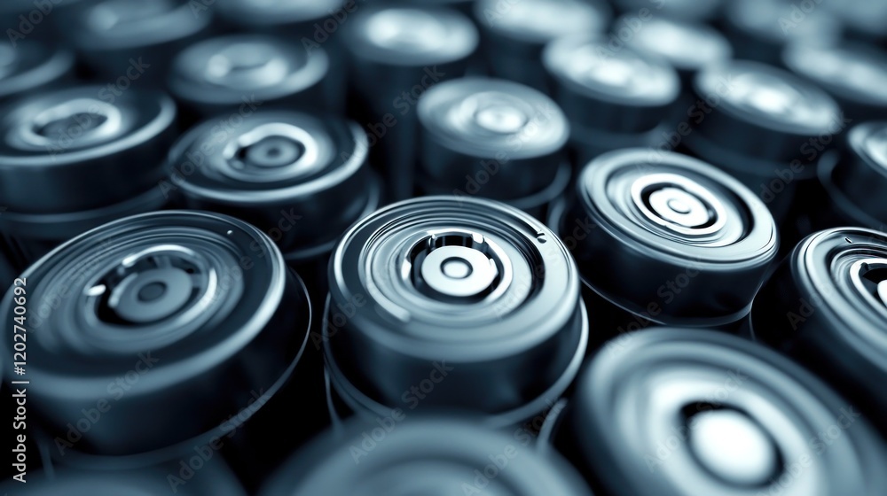 A close-up view of numerous batteries arranged in a grid pattern. A close-up view of numerous batteries arranged in a grid pattern.