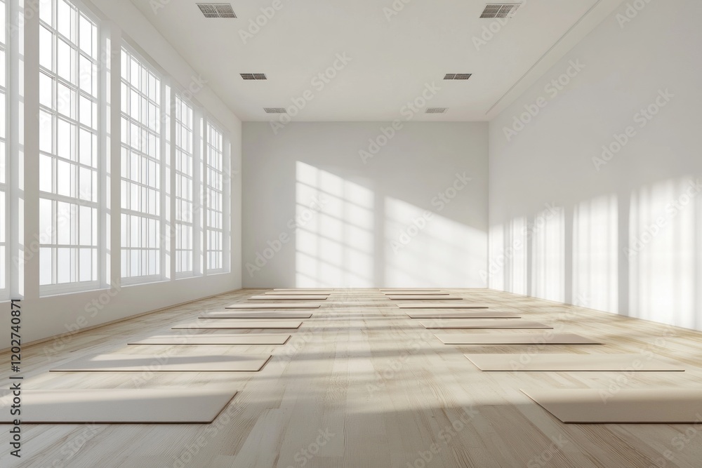 Sunlit yoga studio with mats on light wood floor. Sunlit yoga studio with mats on light wood floor.