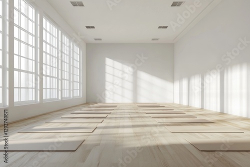 Wallpaper Mural Sunlit yoga studio with mats on light wood floor. Torontodigital.ca