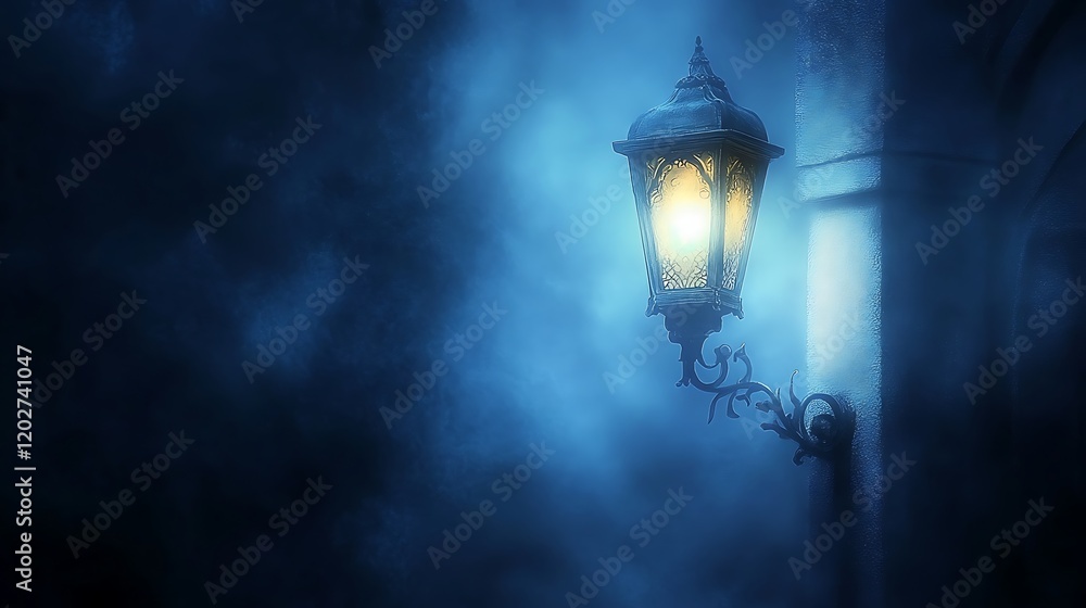 Illuminated Wall Lantern In Foggy Nighttime Scene Illuminated Wall Lantern In Foggy Nighttime Scene