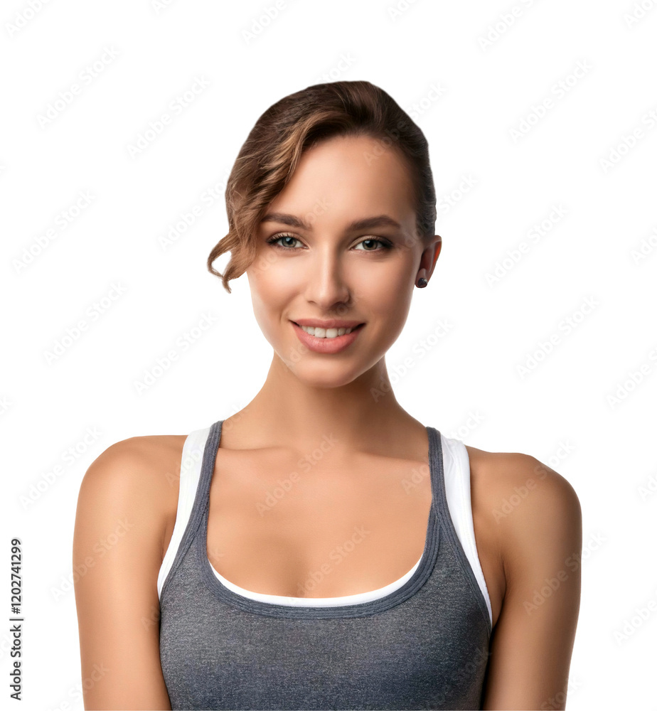 Portrait of a smiling woman with brunette hair in casual fashion, looking confidently at the camera Portrait of a smiling woman with brunette hair in casual fashion, looking confidently at the camera
