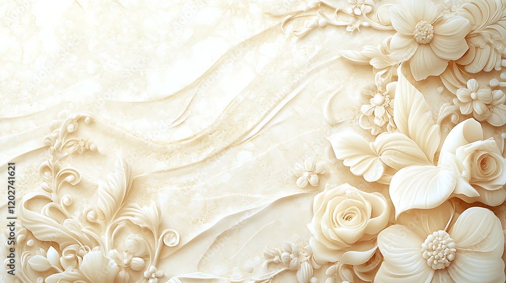 Elegant Cream Floral Wall Design Featuring Roses and Intricate Carvings Elegant Cream Floral Wall Design Featuring Roses and Intricate Carvings