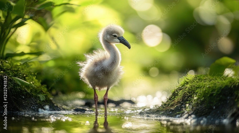 A fluffy baby flamingo stands in shallow water amidst lush greenery, showcasing nature's beauty. A fluffy baby flamingo stands in shallow water amidst lush greenery, showcasing nature's beauty.