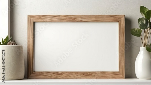 Wooden frame mockup, plants, minimalist interior