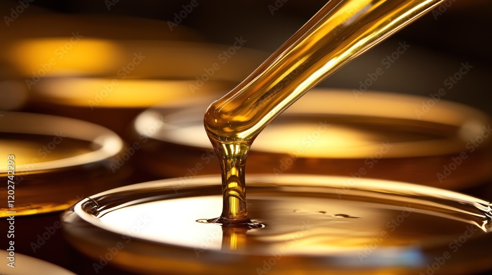 A close-up of golden liquid being poured into a container, showcasing its viscosity and texture. A close-up of golden liquid being poured into a container, showcasing its viscosity and texture.