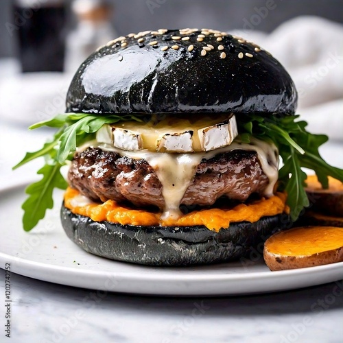 Black hamburger on a plate photo