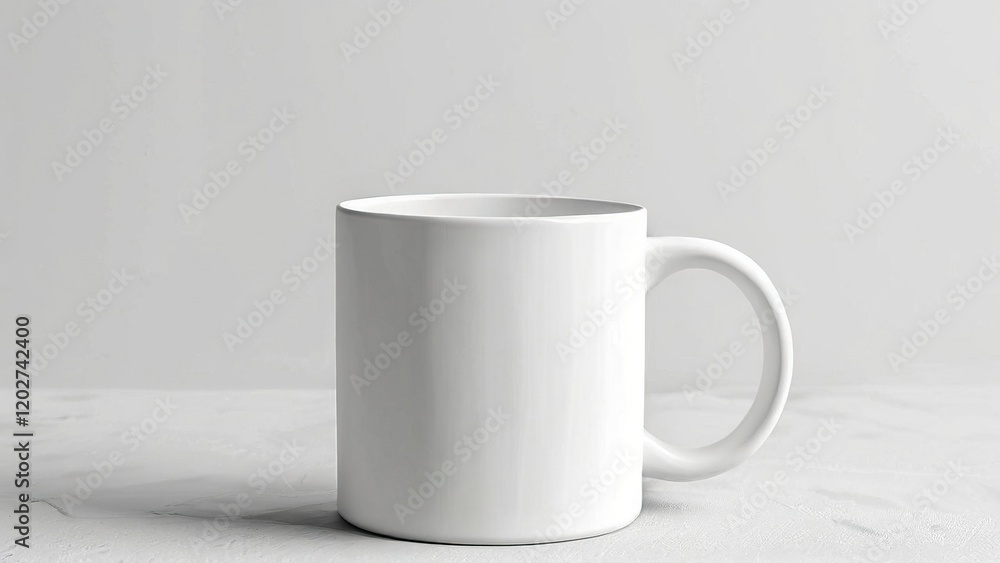 Blank white mug on table, minimalist background, design mockup Blank white mug on table, minimalist background, design mockup