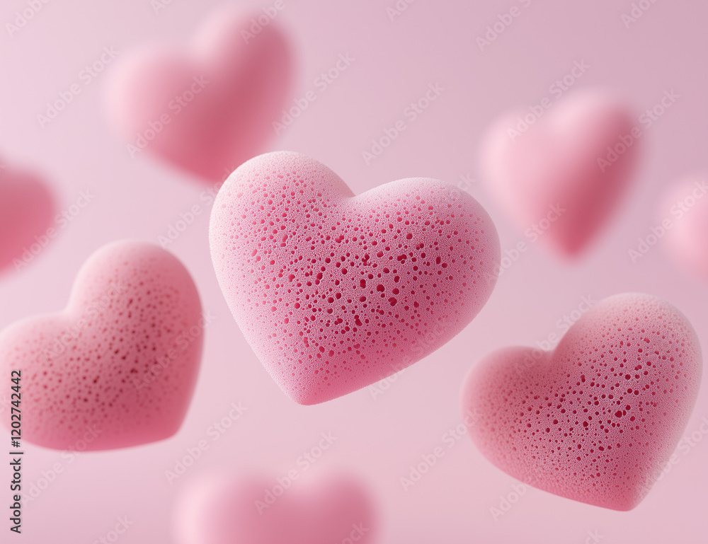 Fototapeta premium Pink heart-shaped sponges floating on a pink background.Minimal creative Valentine's holiday concept.Copy space,flat lay 