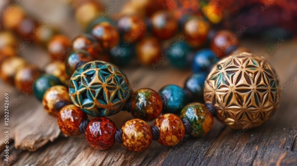 A close-up of a colorful beaded necklace featuring intricate designs and textures. A close-up of a colorful beaded necklace featuring intricate designs and textures.