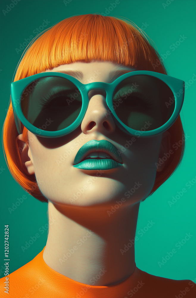 A fashion portrait of a supermodel with short orange hair and futuristic sunglasses, set against a teal background.Minimal creative fashion concept with copy space A fashion portrait of a supermodel with short orange hair and futuristic sunglasses, set against a teal background.Minimal creative fashion concept with copy space