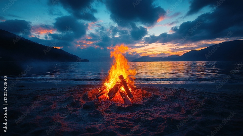 A warm campfire burns on a beach at sunset, creating a cozy atmosphere against a serene ocean backdrop. A warm campfire burns on a beach at sunset, creating a cozy atmosphere against a serene ocean backdrop.