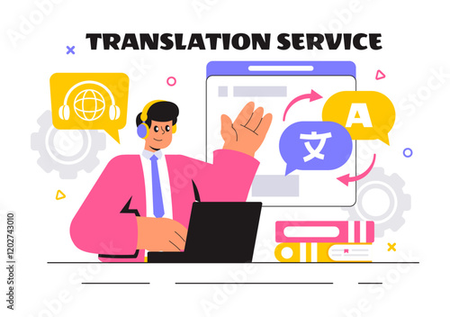 Translator Service Vector Illustration Featuring Multilanguage Translation for Various Countries Using a Dictionary in a Flat Style Cartoon Background