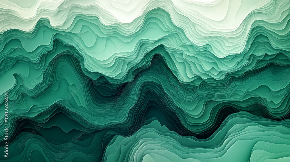 Abstract layers of green in wavy patterns create a soothing visual experience Abstract layers of green in wavy patterns create a soothing visual experience