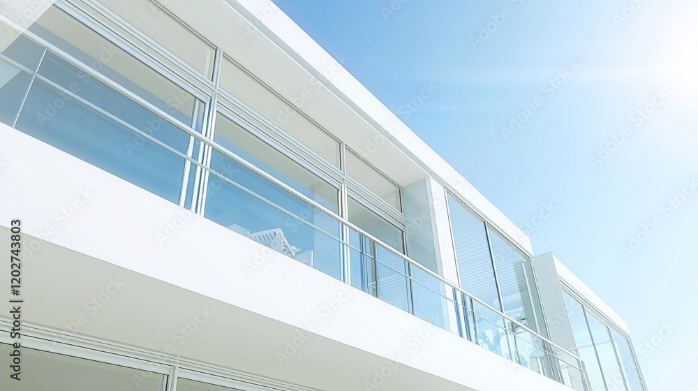 Fototapeta premium Modern white house with glass balcony and blue sky.