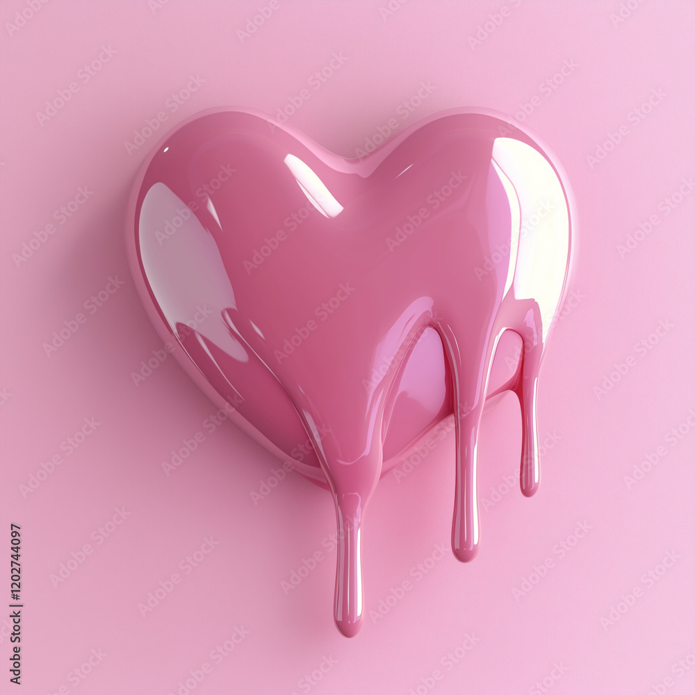 3D heart-shaped, melting pink liquid dripping on a pastel background.Minimal creative Valentine's holiday concept.Copy space,flat lay 