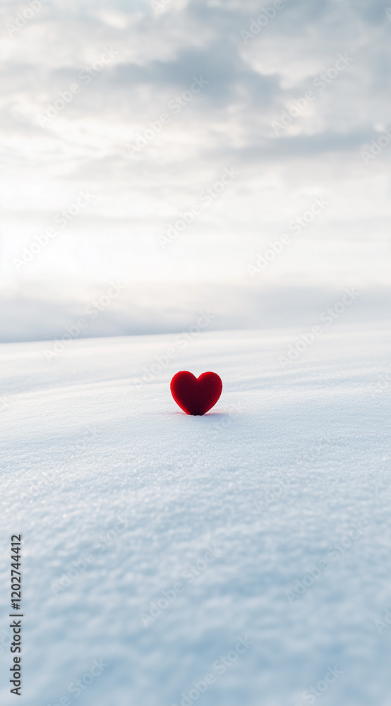 Fototapeta premium A red heart in the snow.Minimal creative Valentine's holiday concept.Copy space,flat lay 