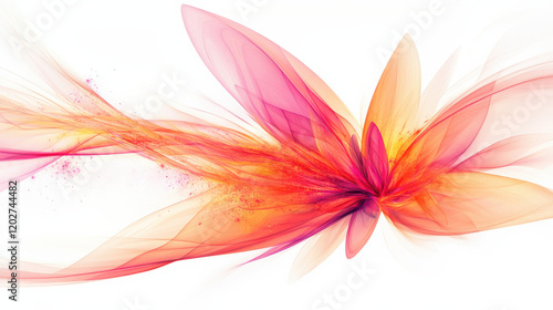 A bright and dynamic abstract petal-like form with orange and pink gradients, asymmetric yet balanced layout, splashes of energy surrounding the form