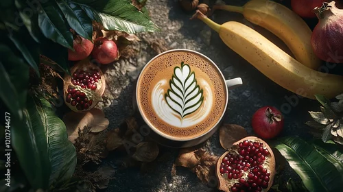 Obraz Aromatic Latte Art with Autumnal Fruits and Lush Greenery