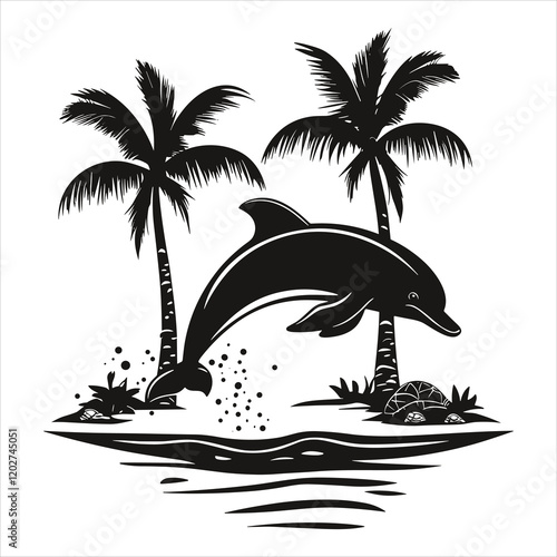 Palm trees and dolphins vector 