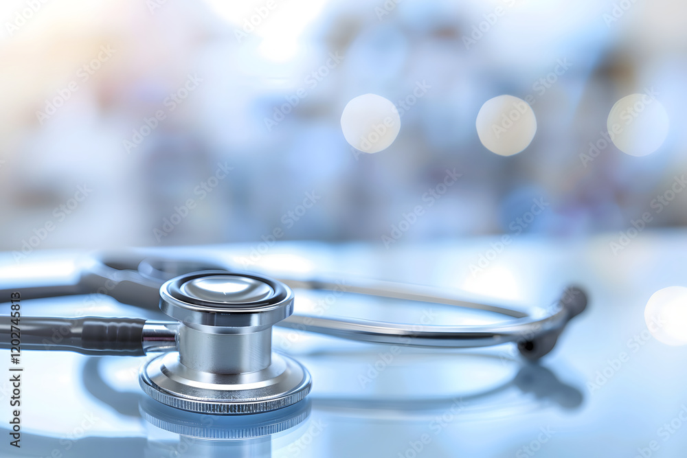 Silver Stethoscope on Reflective Surface with Blurred Medical Background Silver Stethoscope on Reflective Surface with Blurred Medical Background