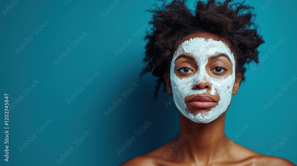A woman with a facial mask poses against a blue background, emphasizing skincare and self-care. A woman with a facial mask poses against a blue background, emphasizing skincare and self-care.