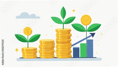 a stack of gold coins, a growing tree sprouting from it, and arrows symbolizing growth. The background should be clean and minimal, emphasizing the icons.