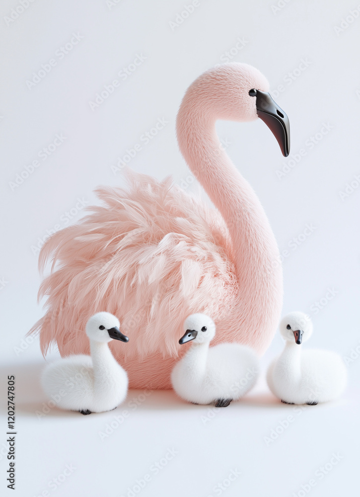 Obraz premium A minimalist pastel pink greeting card with a fluffy plush flamingo toy on it, featuring two small swans and one large one in the background,