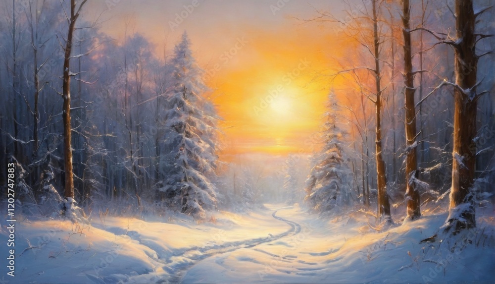 Snowy landscape painting with path, trees covered in snow, orange sunset sky, creating peaceful and serene mood. Snowy landscape painting with path, trees covered in snow, orange sunset sky, creating peaceful and serene mood.