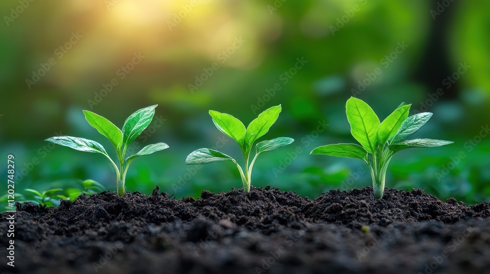 Three young plants sprouting from rich soil, symbolizing growth and renewal in nature. Three young plants sprouting from rich soil, symbolizing growth and renewal in nature.