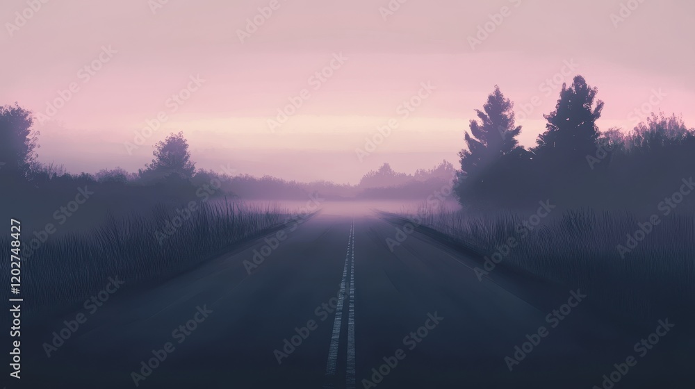 Ethereal Dawn Drive A Digital Painting of a Foggy Road at Sunrise with Pink Sky. Ethereal Dawn Drive A Digital Painting of a Foggy Road at Sunrise with Pink Sky.