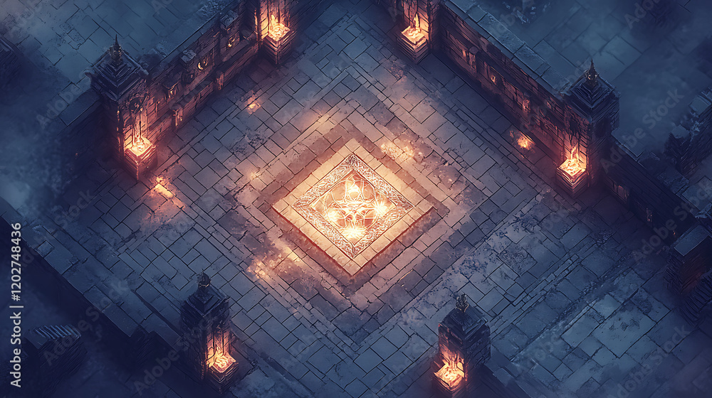 Fototapeta premium Fiery Crystal Battle Map Game: Aerial View