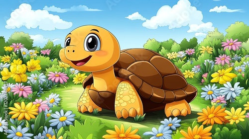 A cheerful cartoon turtle among colorful flowers in a bright, sunny landscape.