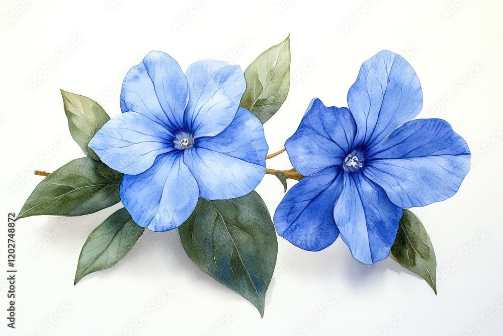 Fototapeta premium Two blue flowers with green leaves, beautifully illustrated on a white background.
