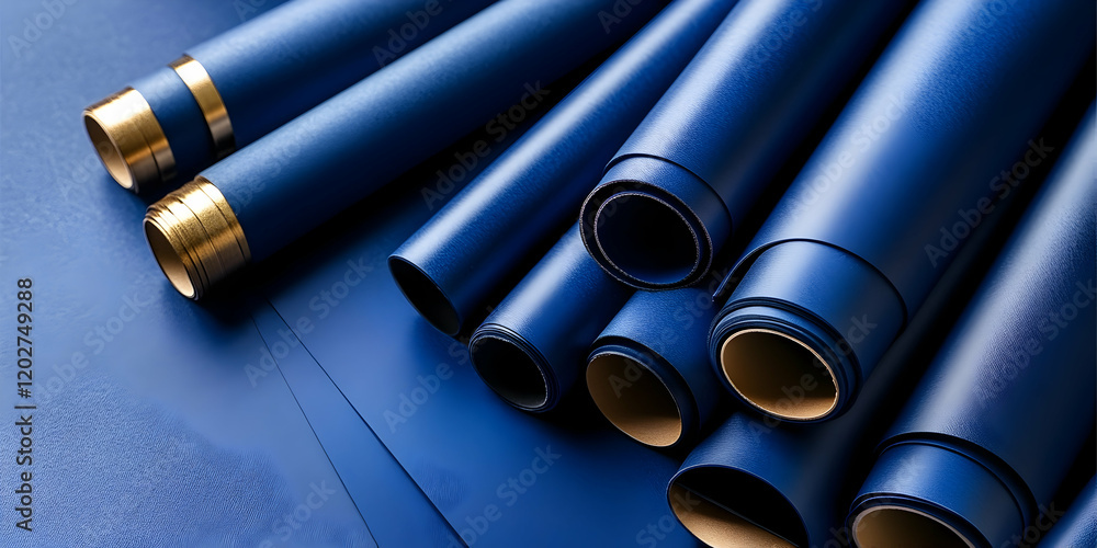 Fototapeta premium Rolls of Blue Textured Paper with Gold Accents, material, background, design, craft, stationery