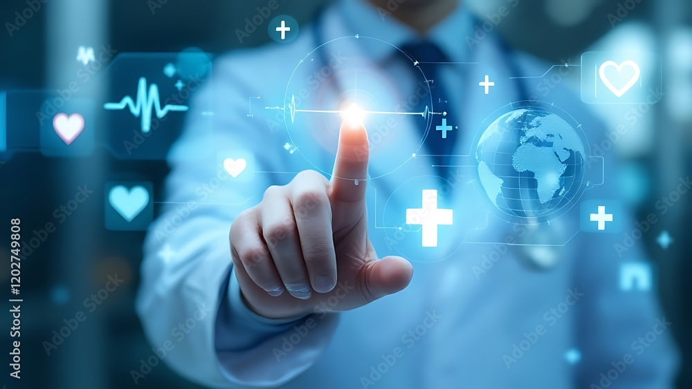 A digital composite showing a doctor touching a holographic interface with floating medical icons like a heartbeat monitor, a cross, and a globe, symbolizing worldwide healthcare advancements. A digital composite showing a doctor touching a holographic interface with floating medical icons like a heartbeat monitor, a cross, and a globe, symbolizing worldwide healthcare advancements.