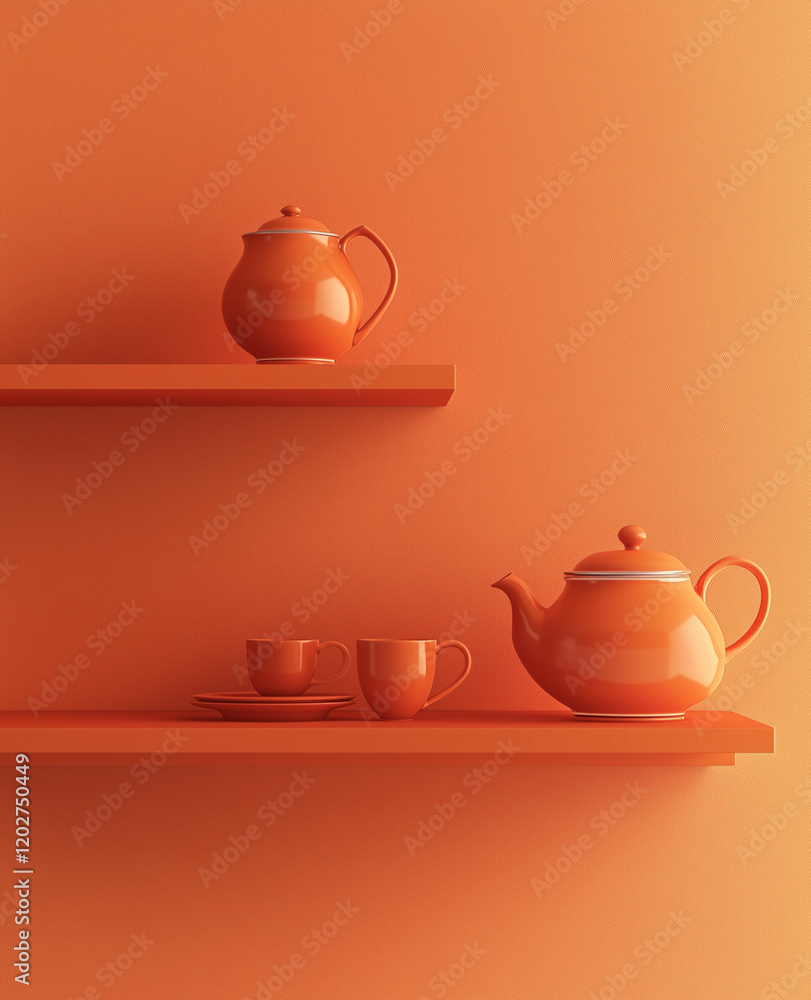 An orange wall with shelves, a kettle and teacups on the shelf, and a tea set placed next to it, set against a vibrant orange background.Minimal creative interior concept.Copy space,flat lay An orange wall with shelves, a kettle and teacups on the shelf, and a tea set placed next to it, set against a vibrant orange background.Minimal creative interior concept.Copy space,flat lay