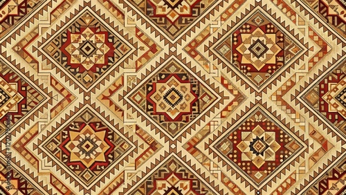 Intricate Geometric Textile Pattern Featuring Warm Earth Tones and Symmetrical Designs