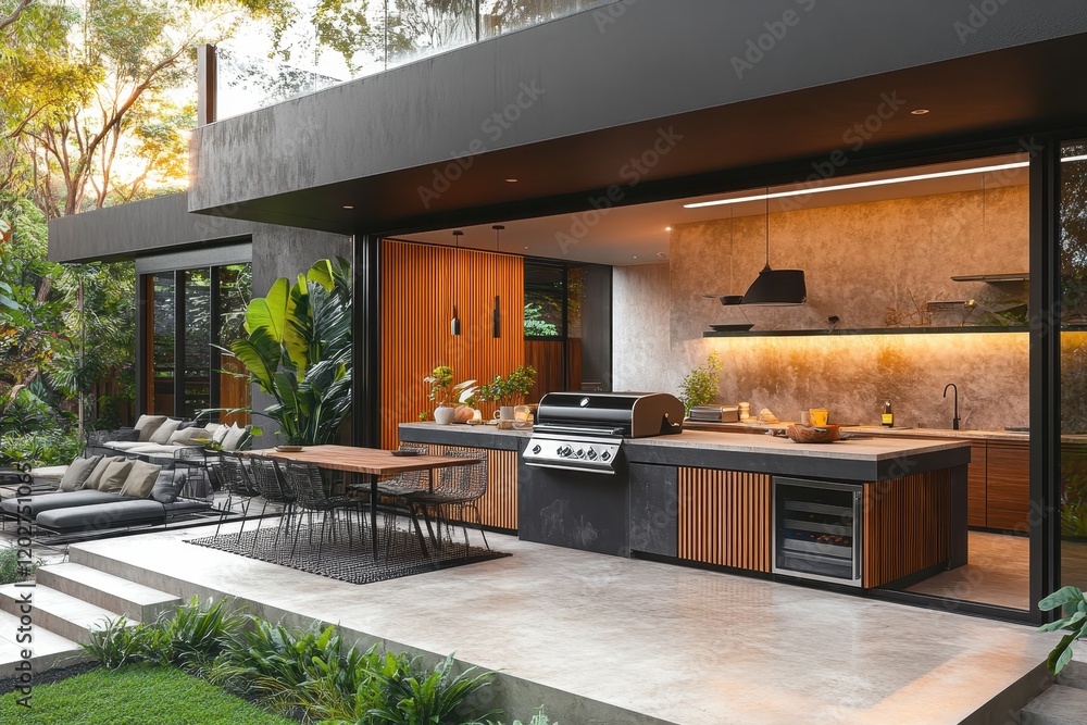 custom made wallpaper toronto digitalStylish outdoor kitchen with wooden slats featuring a modern cooking area