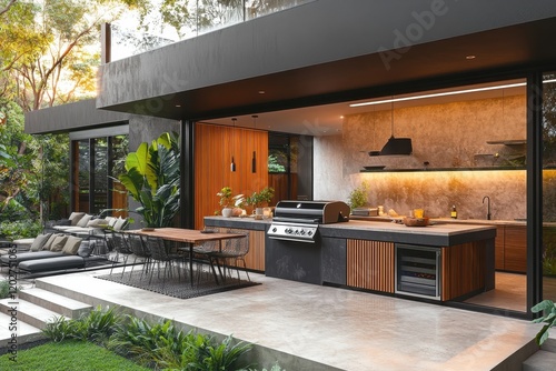 Wallpaper Mural Stylish outdoor kitchen with wooden slats featuring a modern cooking area Torontodigital.ca