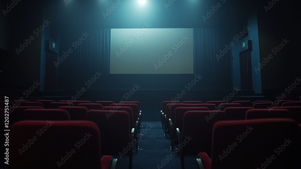 Fototapeta premium Empty Movie Theater with Dark Atmosphere and Red Seats Awaiting Audience.