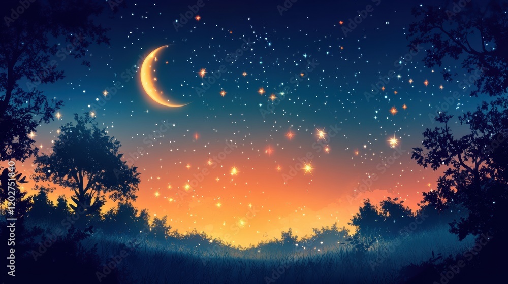 Fototapeta premium Enchanting Night Sky with Crescent Moon, Sparkling Stars and Silhouetted Trees, Soft Gradient Background