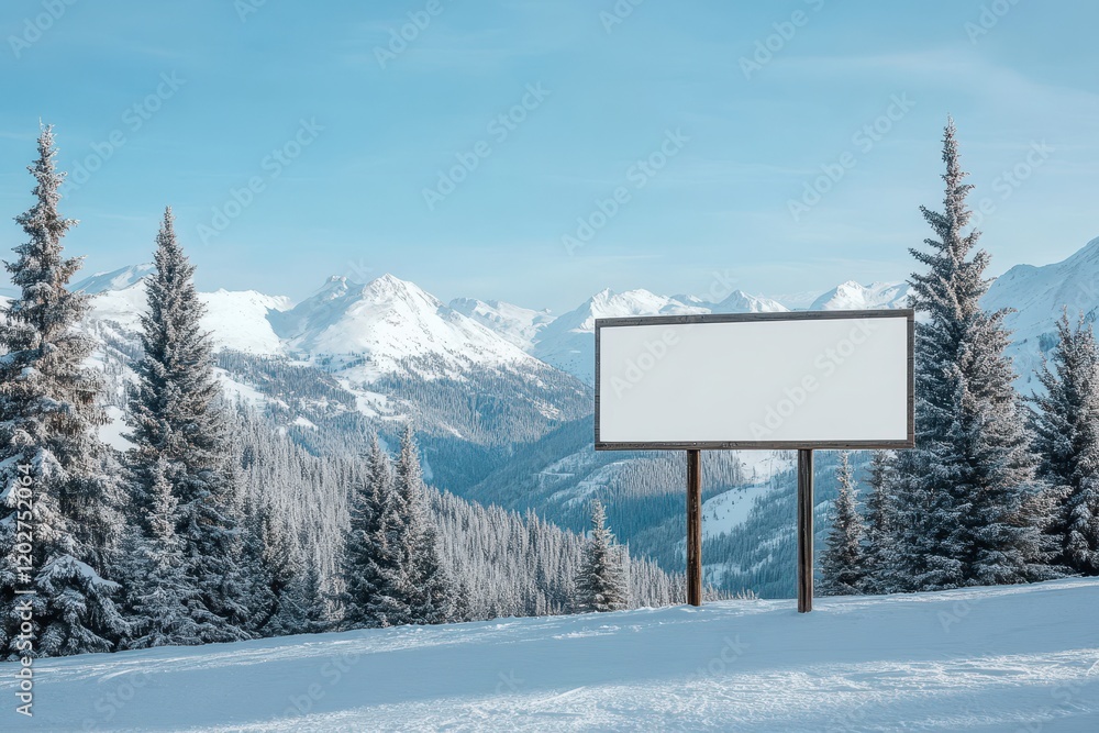 Blank Billboard Sign in Snowy Mountain Landscape, Advertising Template. Blank Billboard Sign in Snowy Mountain Landscape, Advertising Template.